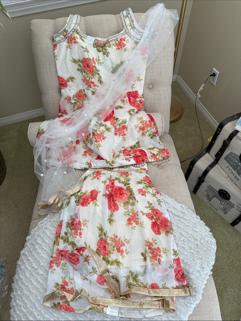 Girls White Floral 3 piece Sharara set